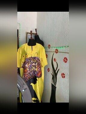 Hand Painted Artistic Yellow Kaftan  Dress with Abstract Floral Front